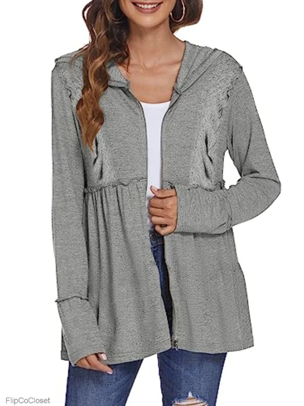 Women Full Zip Hoodie Pleated Ruffle Sweatshirt Long Sleeve Jacket
